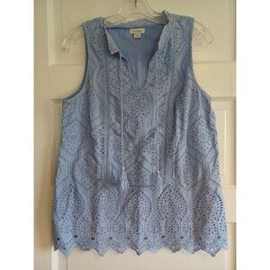 Sundance blue eyelet cotton blouse S lined pullover tank tassels preppy boho
